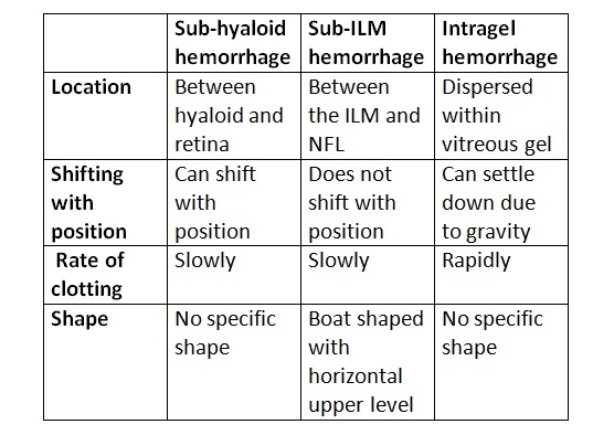 Difference between various types of vitreous hemorrhage