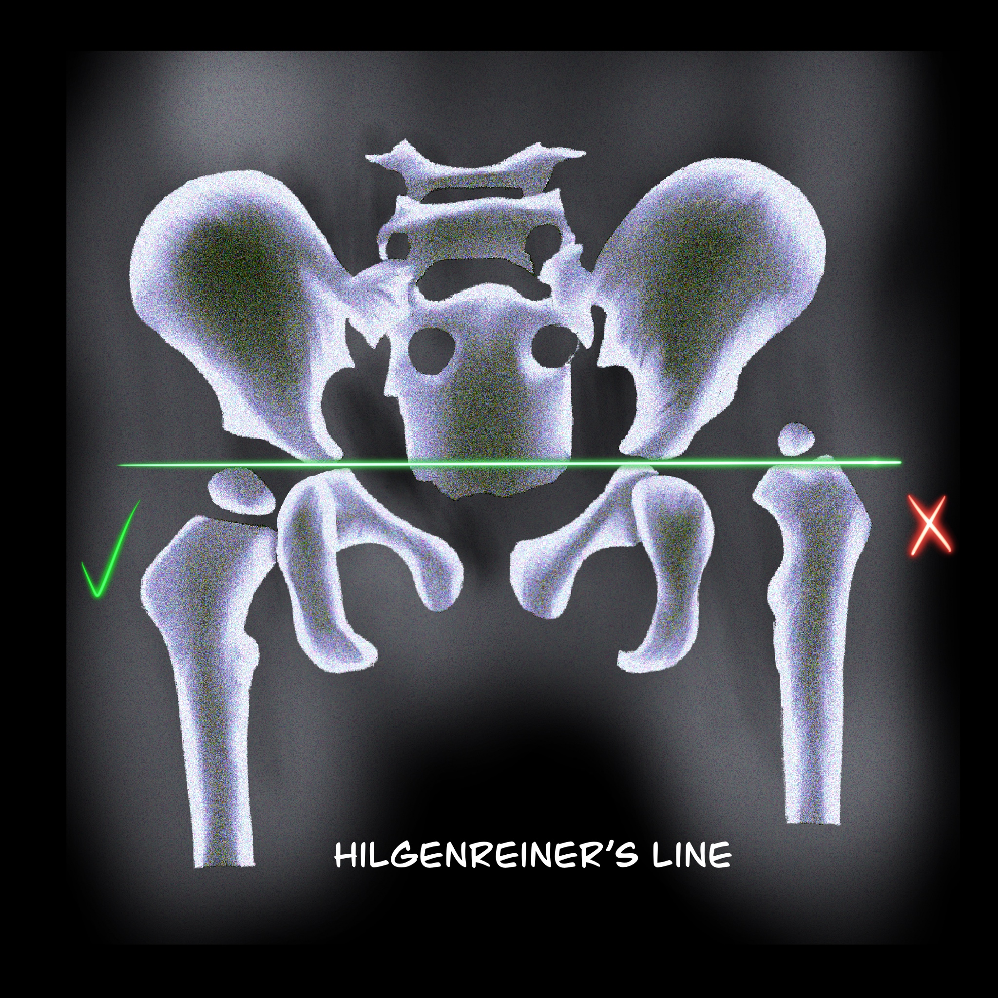 <p>&nbsp;Hilgenreiner Line. The head of the femur is normally inferior to this line.</p>