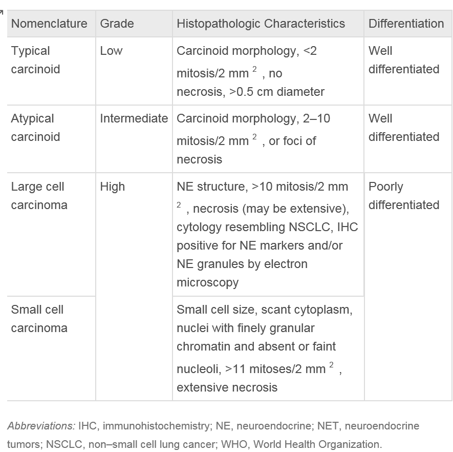 Table 1: World health organization TNM and mitosis staging of Bronchial carcinoid tumors and lung carcinomas