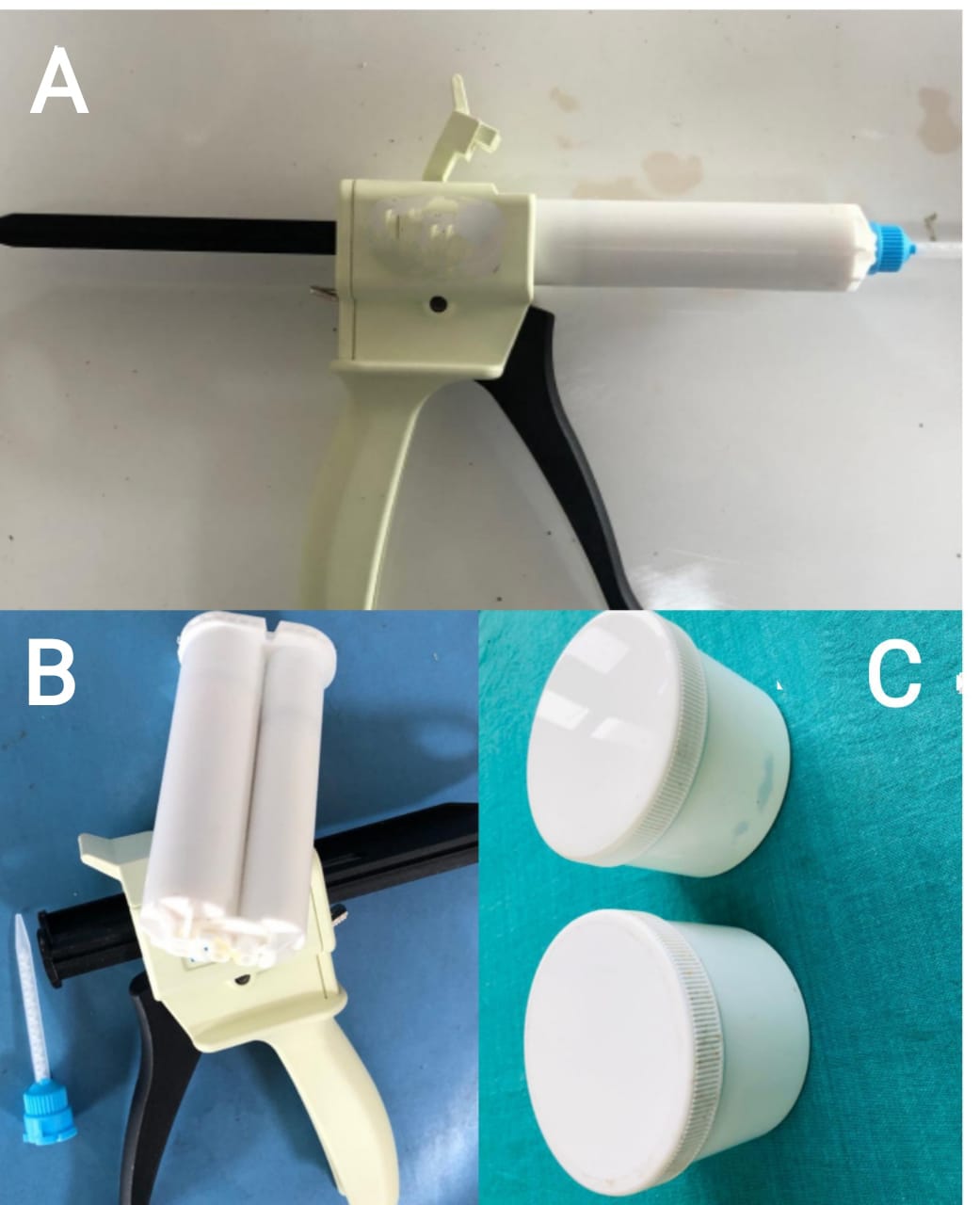 Fig4
A  Loaded dispensing gun with cartridge and syringe (mostly used for light body elastomeric impression material)
B Dis