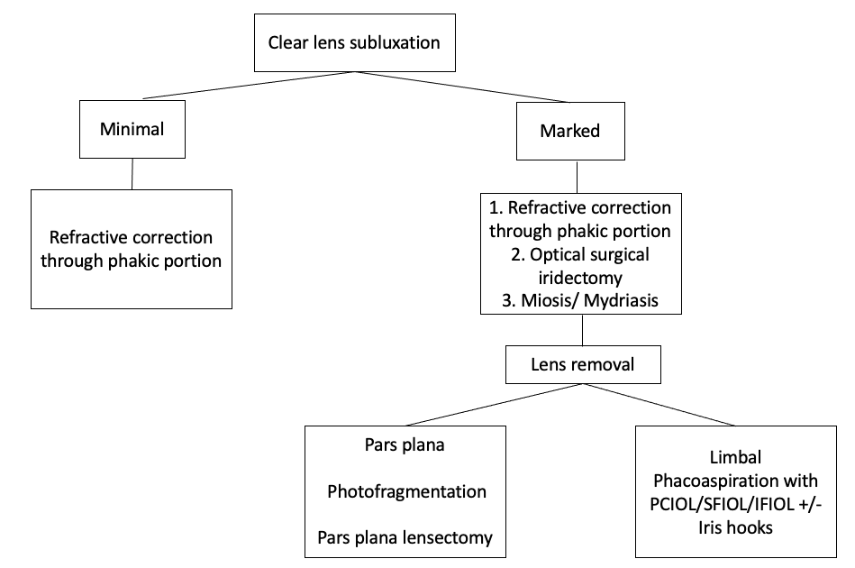 Flowchart depicting management of clear lens subluxation in ectopia lentis