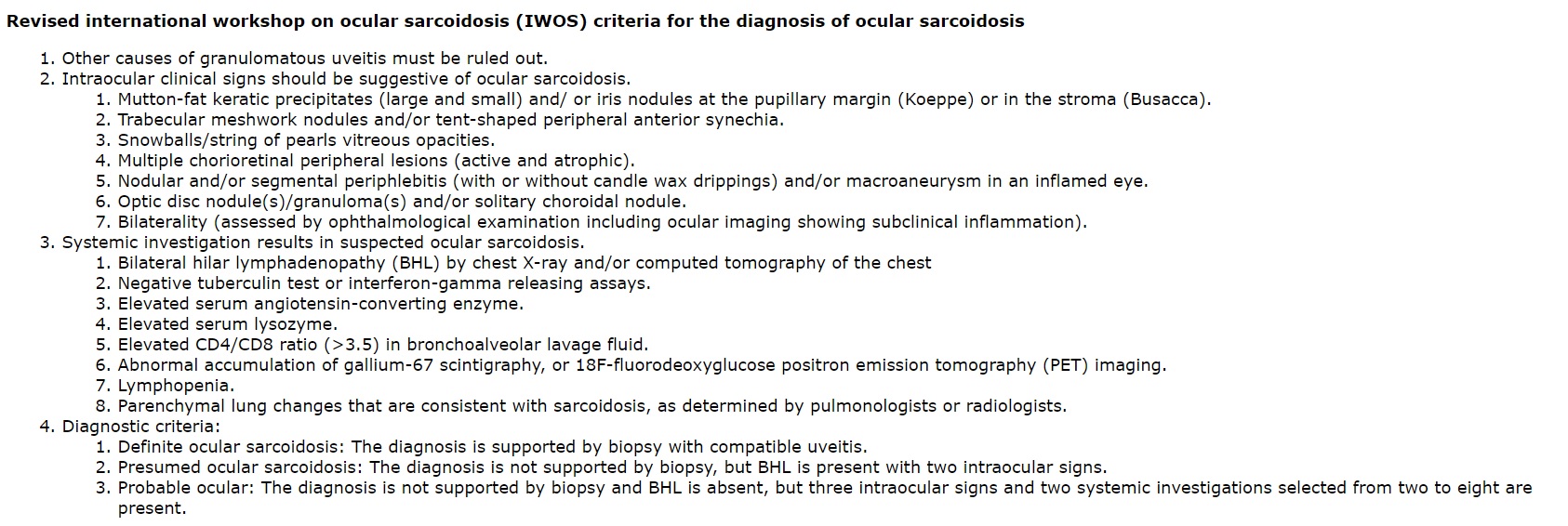 Revised criteria of International Workshop on Ocular Sarcoidosis (IWOS) for the diagnosis of ocular sarcoidosis [PMID: 30798264]