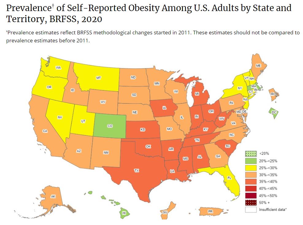 Prevalence¶ of Self-Reported Obesity Among U.S. Adults by State and Territory, BRFSS, 2020