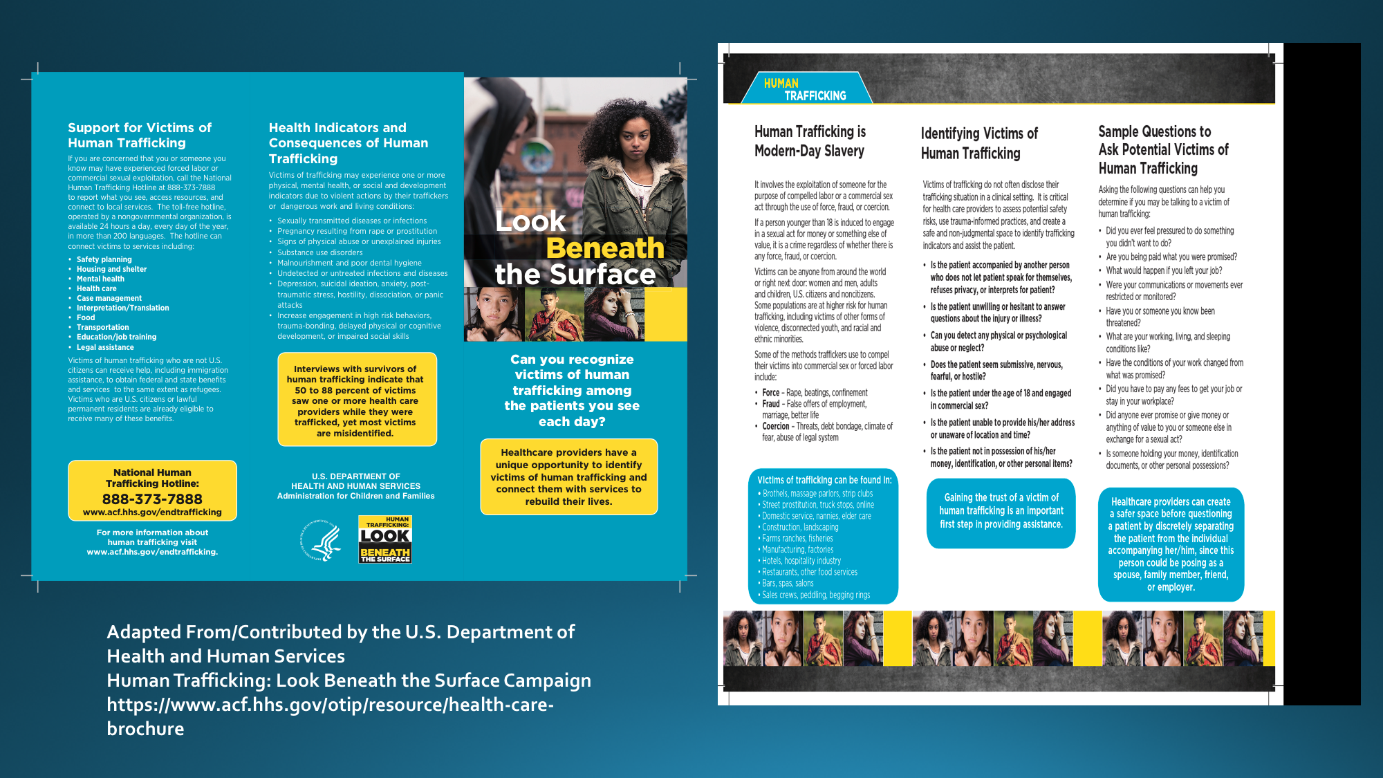 Human Trafficking Campaign Look Beneath the Surface/Questions to ask/Health implications